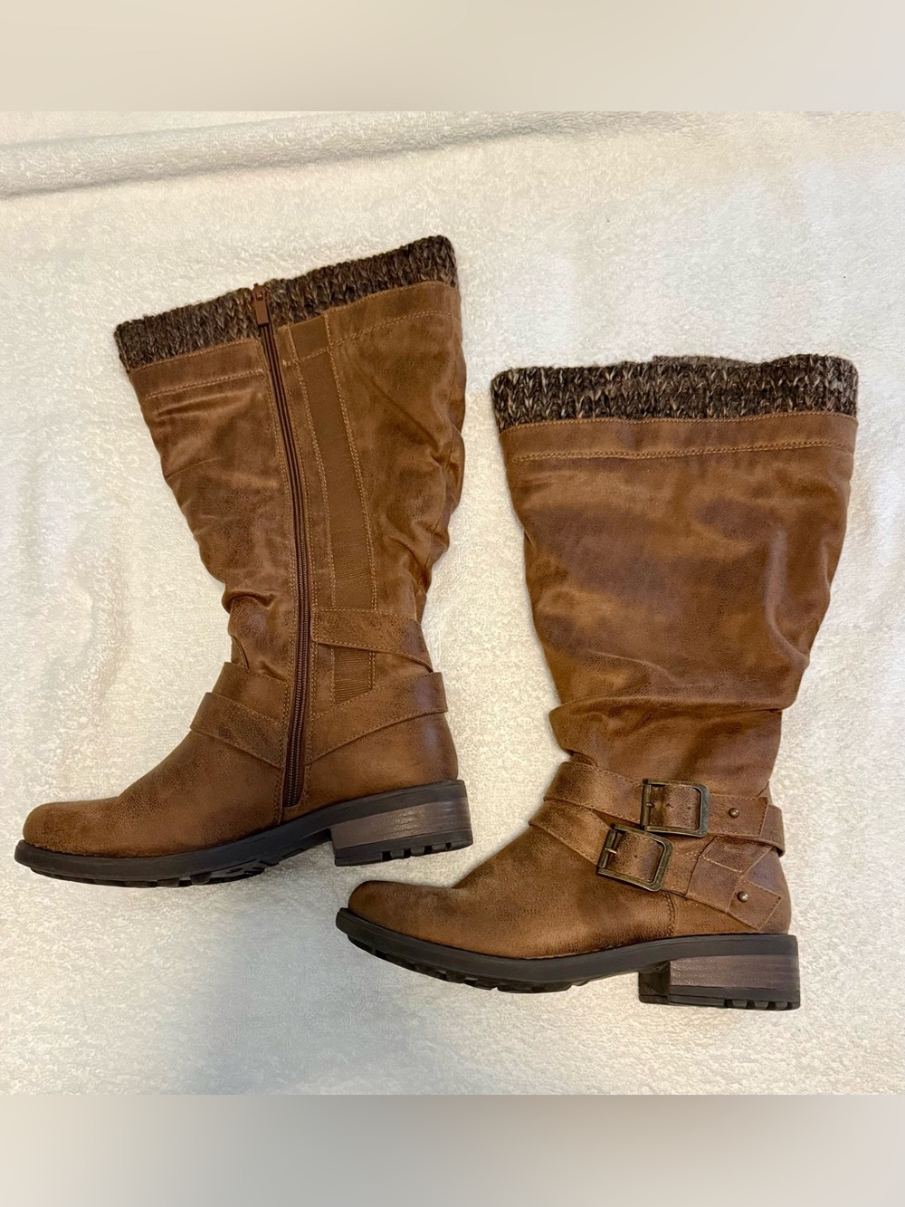 torrid Brown Leather Knee High Wide Calf Knit-Trim Boots 9W boho Cottagecore